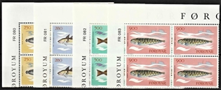 FRIMÆRKER FÆRØERNE | 1983 | AFA 80-83 | Fisk - 250 - 900 øre i komplet sæt marginal 4-blokke - Postfrisk